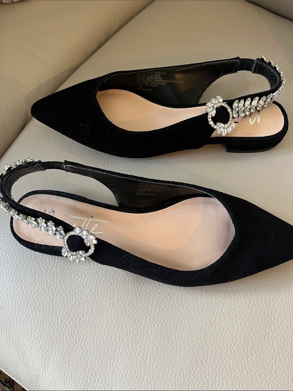 Nanette Lepore Black Velvet Pointed Slingback Flats with Rhinestone Buckle